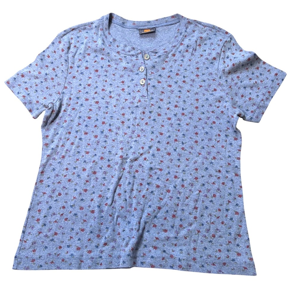 Route 66 Womens Blue Floral Ditsy Print Short Sleeve Henley Top Shirt Vintage L
